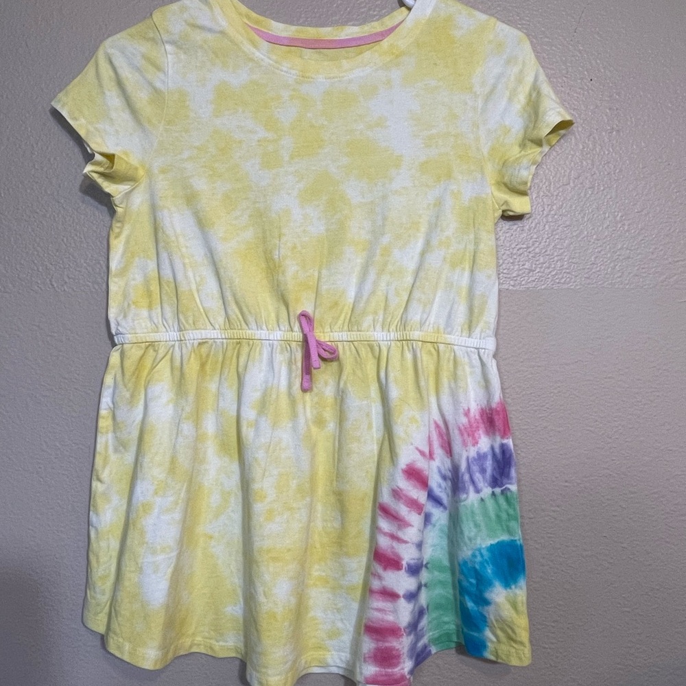Lands' End 100% Cotton Yellow Tie-Dye Kids Dress XL 14-16